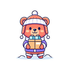A cute cartoon bear wearing a winter hat and coat, holding a gift box in the snow, isolated on white.