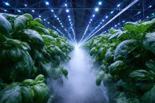 Basil plants thrive in a greenhouse illuminated by vibrant LED lights at night