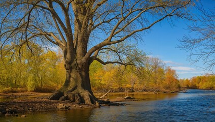 Fototapeta premium Cottonwood trees along the riverbank, seasonal change