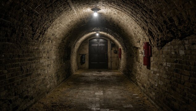The old bomb shelter illuminated, featuring a sealed entrance, a refuge from conflict and disaster, survival preparation