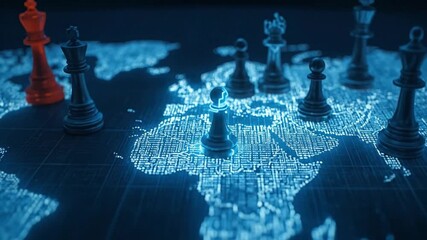 Strategic Global Challenge: Chess Pieces on a Luminous Digital World Map Symbolizing Geopolitical Strategy, International Competition, and Power Dy... - Powered by Adobe