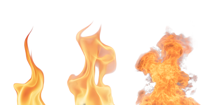 Three different types of fire flames isolated on transparent background