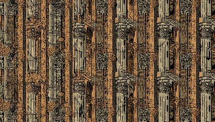 Abstract seamless pattern of historical architectural elements and gothic lettering, suitable for editorial backgrounds