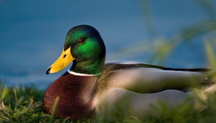 Obraz premium Close-up of a male wild duck taking a break