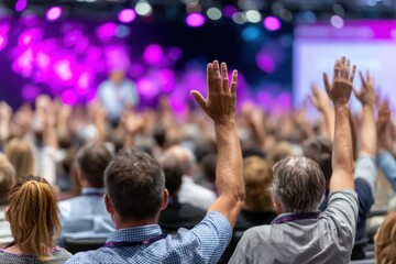 Crowd of participants raising hands during an interactive conference session