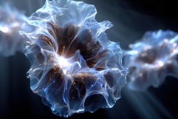 Abstract representation of luminous cells in a dark background with glowing highlights