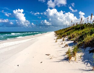 A pristine white sand beach stretches towards the horizon, framed by grassy dunes and rolling waves under a dramatic, cloudy sky