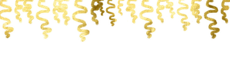 Golden streamers, ribbons, lines. Gold Foil splatter glitter Golden stroke on transparent background.Festive background with gold glitter and confetti for celebration with glowing golden.