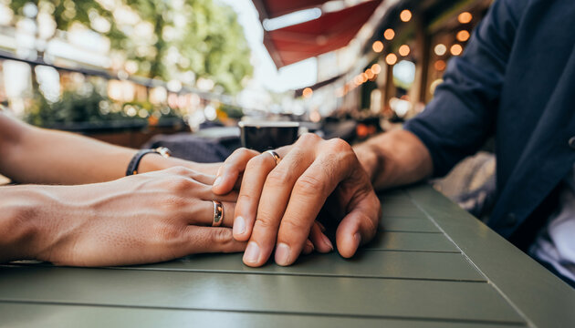 Married Couple Holding Hands on Cafe Table with Wedding Rings