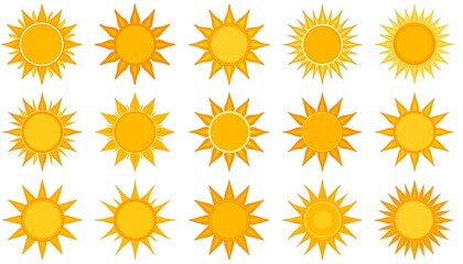 Fifteen stylized yellow sun illustrations, each with varying ray and inner circle designs, on a clean white background