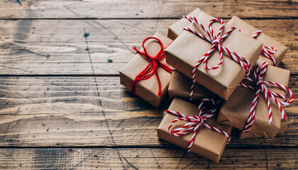 Rustic Stack of Kraft Paper Gifts with Twine on Wooden Table