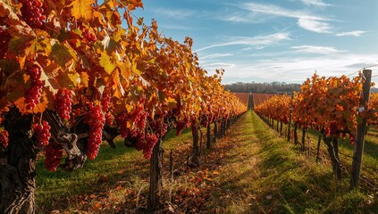 Fototapeta premium Fall Scene Featuring Crimson Grapes in a Vineyard