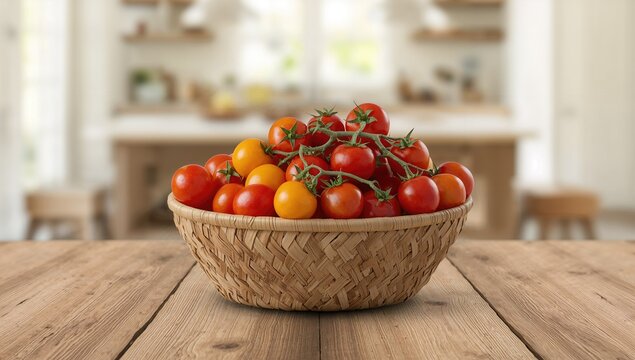 Stack of red and yellow cherry tomatoes in a woven basket on a rustic wooden surface - Powered by Adobe