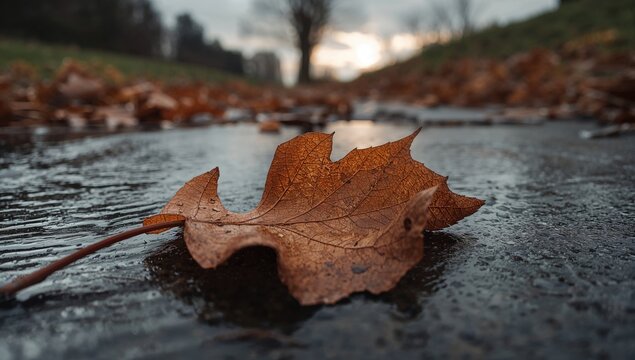 A brown autumn leaf resting on a damp pavement, seasonal change