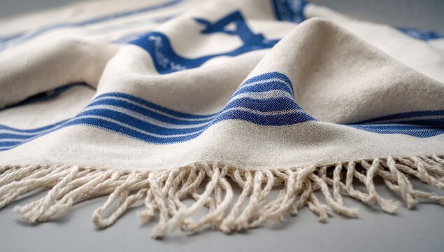 Close-up of a Tallit, representing Jewish faith traditions, with a focus on spiritual significance