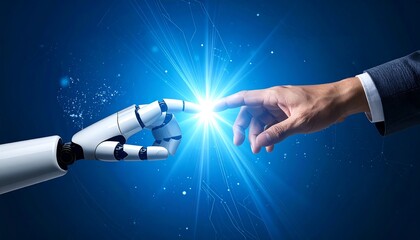 Robot and human hand meet, a bright glow where their fingers touch against a background of blue light effects