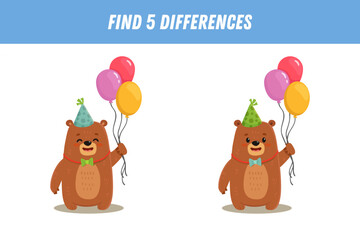 Find 5 differences between two pictures of cute bear with balloon. Cute bear in flat style. Activity page. Game for kids. Vector
