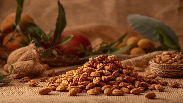 Almonds arranged vertically, suitable as a backdrop for text and layout