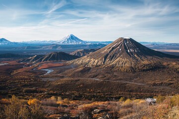 Fototapeta premium Volcanoes named Klyuchevskoi and Kamen