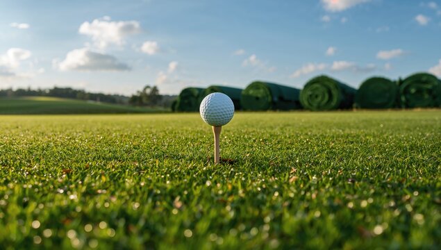 A white golf ball resting on a tee atop vibrant green grass that is yet to be laid down.
