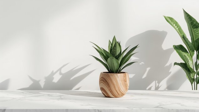 Realistic 3D rendering showcasing organic products with indoor plants in a wooden pot on a marble countertop, morning sunlight, background for layout