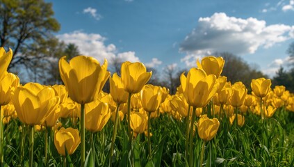 A vast meadow filled with vibrant yellow tulip blossoms during springtime