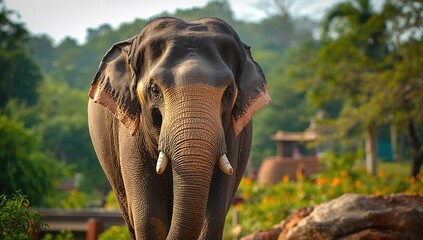 Fototapeta premium Indian elephant in enclosure, observation of wildlife in captivity