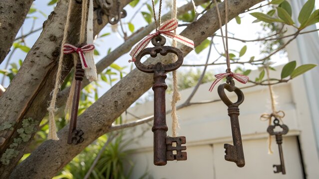 Antique skeleton keys with ribbons hanging from a sunny tree branch.