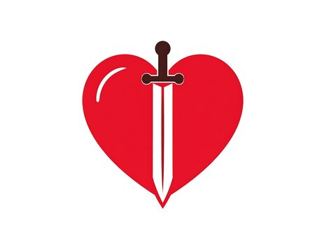 A red heart, stylized with a single highlight, pierced vertically by a long sword. The design is simple, clean, and stands out