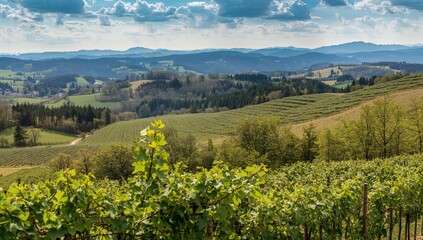 Fototapeta premium Scenic vineyard hills during springtime along a wine route, ideal for travelers.
