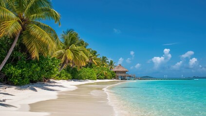 Caribbean shoreline featuring palm trees and a wooden house, ideal for relaxation and tropical getaway