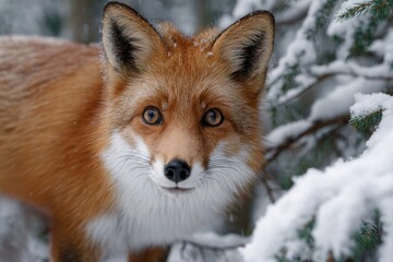 Obraz premium Red fox encounters soft snow in a winter forest setting during daylight