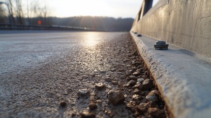 Fototapeta premium New-to-old asphalt seam close-up at bridge parapet — material transition