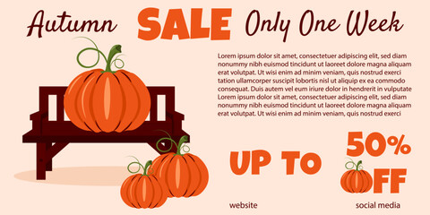 Autumn harvest Sale vector banner design. Vector illustration of cartoon pumpkin on the wooden bench with business Sale text template design. Perfect web online Autumnal Sale banner. EPS 10