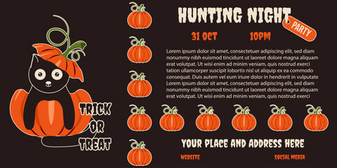 Halloween party vector banner. Vector illustration of fun black cat in pumpkin with business Halloween typography. Hunting night party ads poster. EPS 10