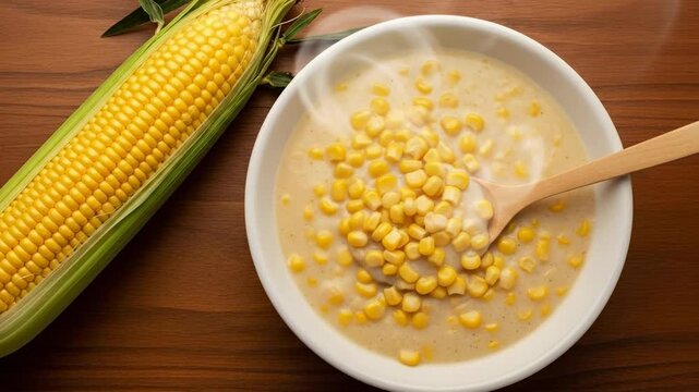 Hot corn chowder bowl with fresh corn ear