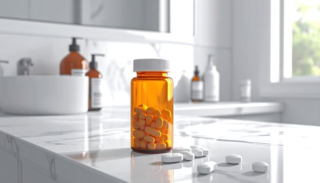 Pills on a marble counter in a bright bathroom, with bottles by the sink and natural light through a window