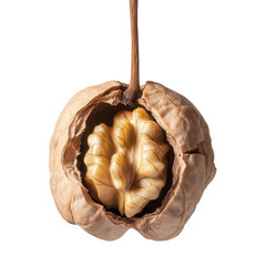Walnut Unveiled: A close-up view reveals a walnut's inner beauty, the intricate texture of the nut cradled within its cracked shell. A captivating image highlighting natural form and culinary appeal.