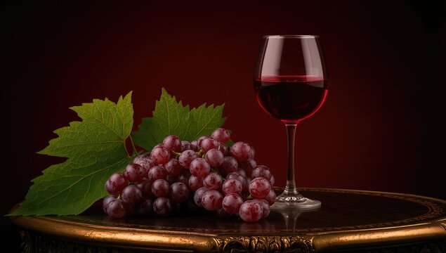 Bunch of red grapes accompanied by a glass of red wine against a dark backdrop, highlighting vintage qualities