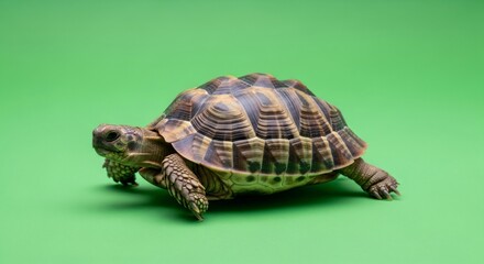 Obraz premium Small tortoise crawling on a green background. Animal isolated for chromakey. Reptile effect on a green screen.