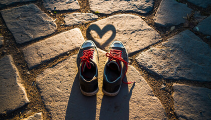 Sneakers With Red Laces Shadow Forming Heart Shape On Stone Pavement
