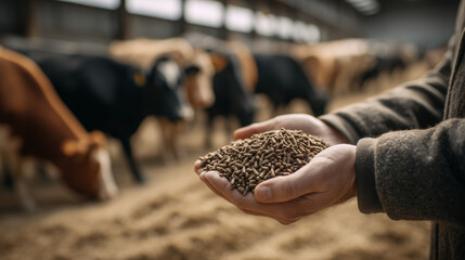 Farmer holding animal feed with cattle in the background, representing agriculture, livestock care, and farm management.