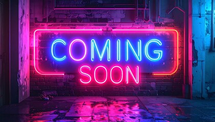 Pink and blue neon sign "COMING SOON" on a brick wall, with a dark, reflective floor