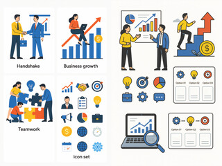 Modular Business Icon Kit: Clean vector toolkit poster with handshake scene, growth arrow, target and gear icons, modular assets for presentations