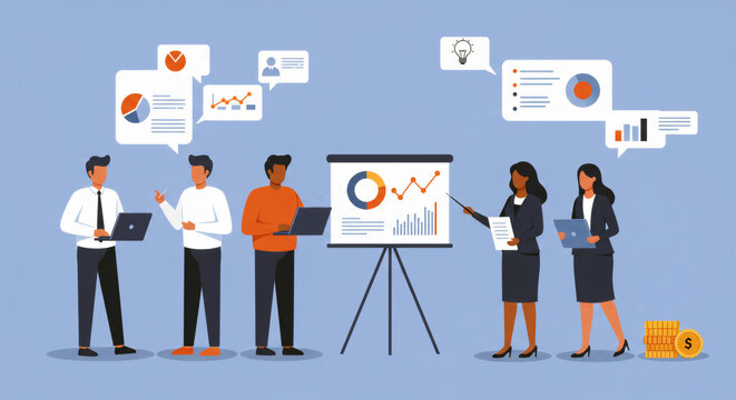 Diverse analysts debating metrics around tripod chart while dashboards float as bubbles, quarterly performance insights discussion