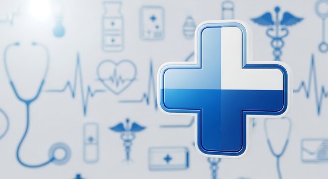 Blue and white medical cross symbol with healthcare icon background