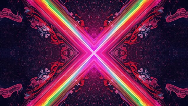 Colorful geometric design featuring neon rays and symmetrical shapes, suitable for UI backdrop