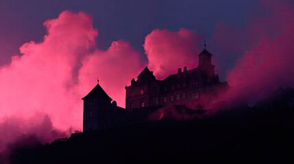 Enigmatic Castle Silhouette Against Vibrant Pink Clouds at Dusk