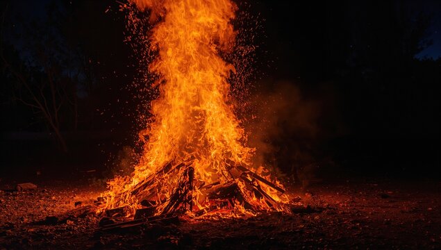 Fire illuminating the night sky, energy source for warmth and gathering