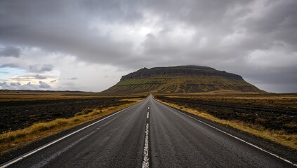 Fototapeta premium Barren Icelandic landscape with an empty road, highlighting erosion risk